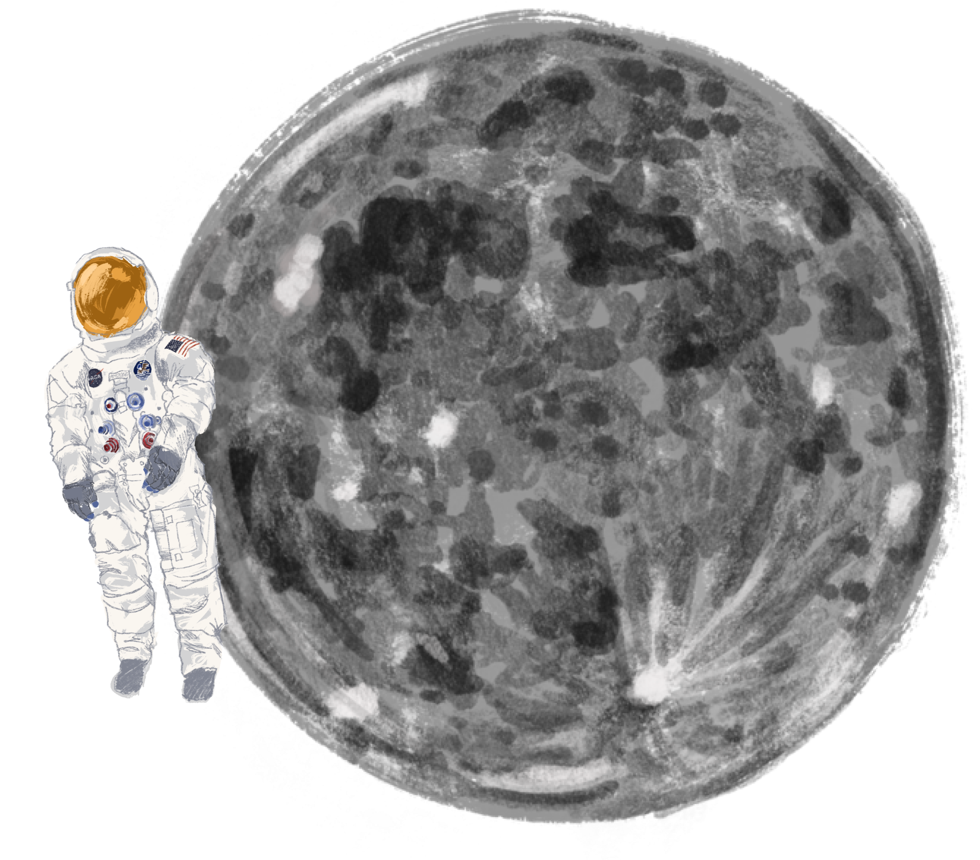 Large drawing of the moon, with an astronaut in a spacesuit floating in the lower left corner.