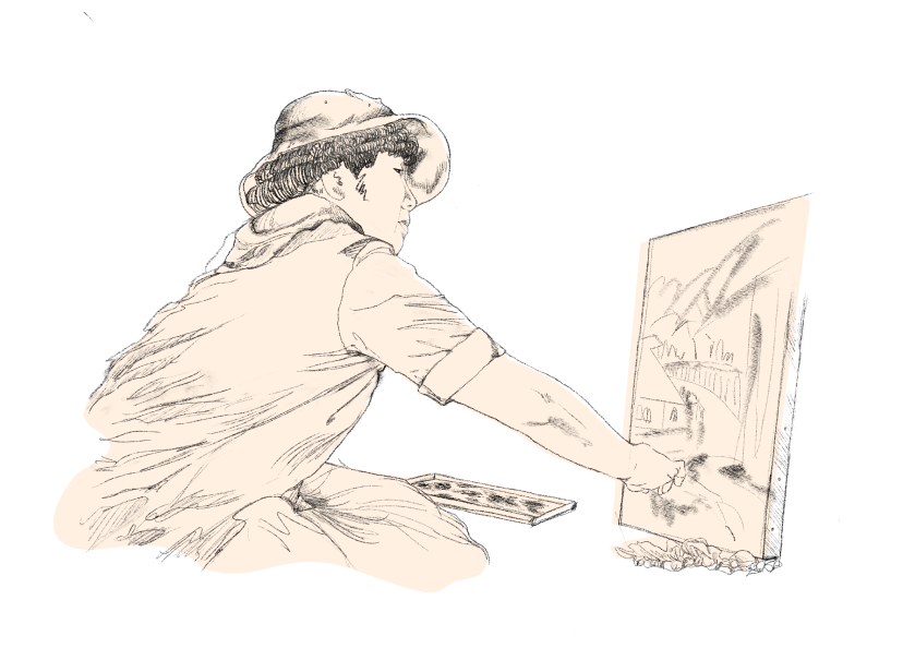 Line drawing of a woman at an easel, painting. The woman wears a hat and has rolled-up sleeves.