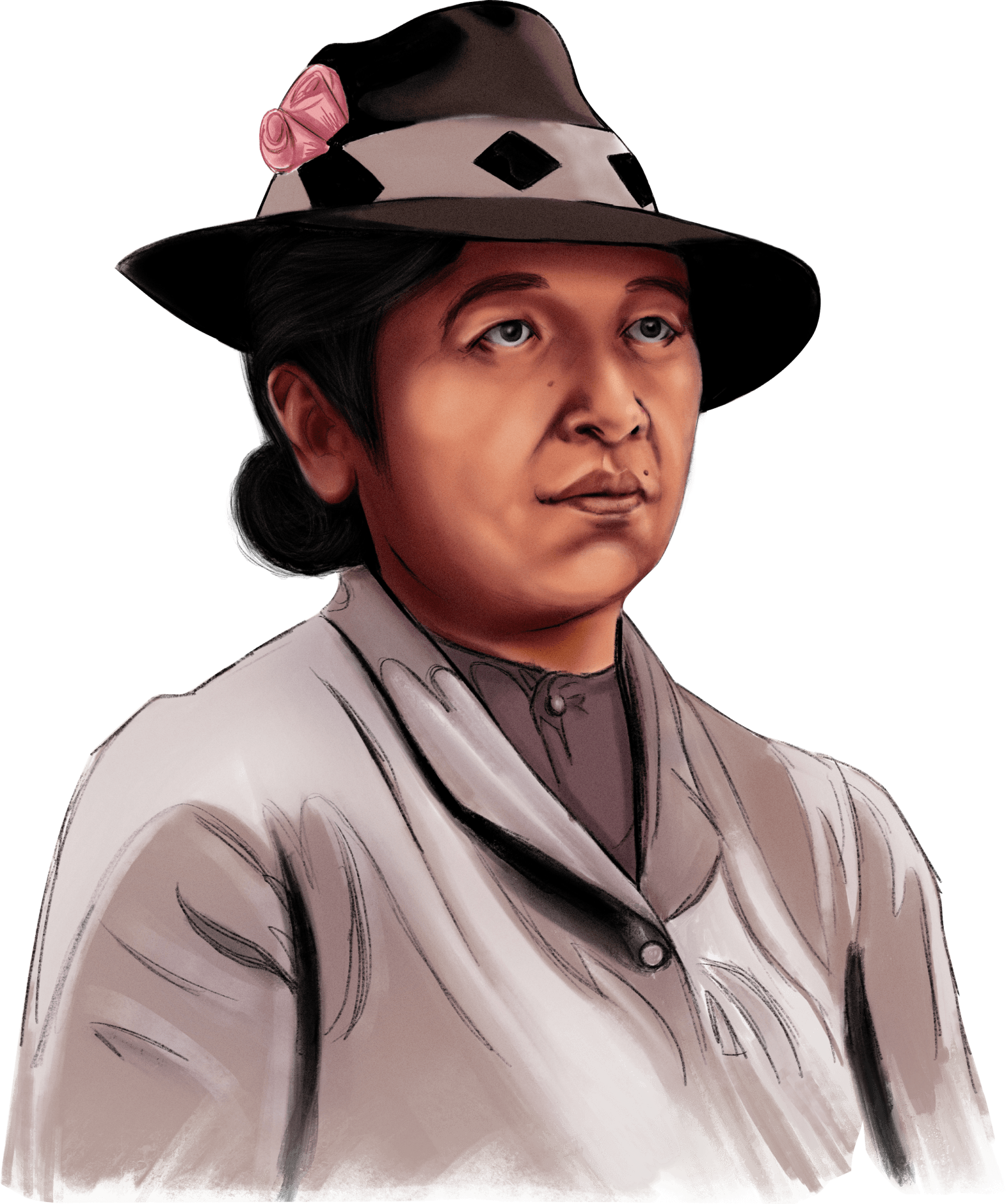 Half-profile color drawing of Hisako Hibi, a Japanese woman wearing a black fedora and a 1940's style gray coat.