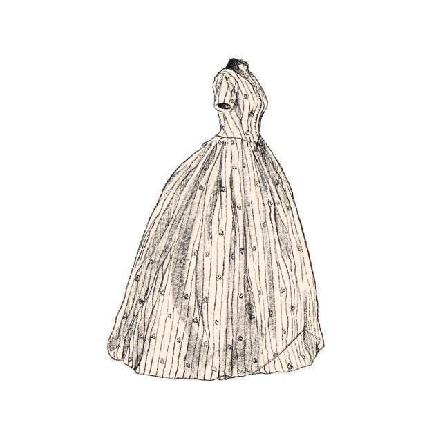 Line drawing of a floor-length, short sleeve gown.