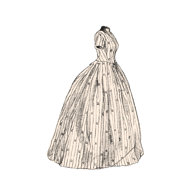 Line drawing of a floor-length, short sleeve gown.