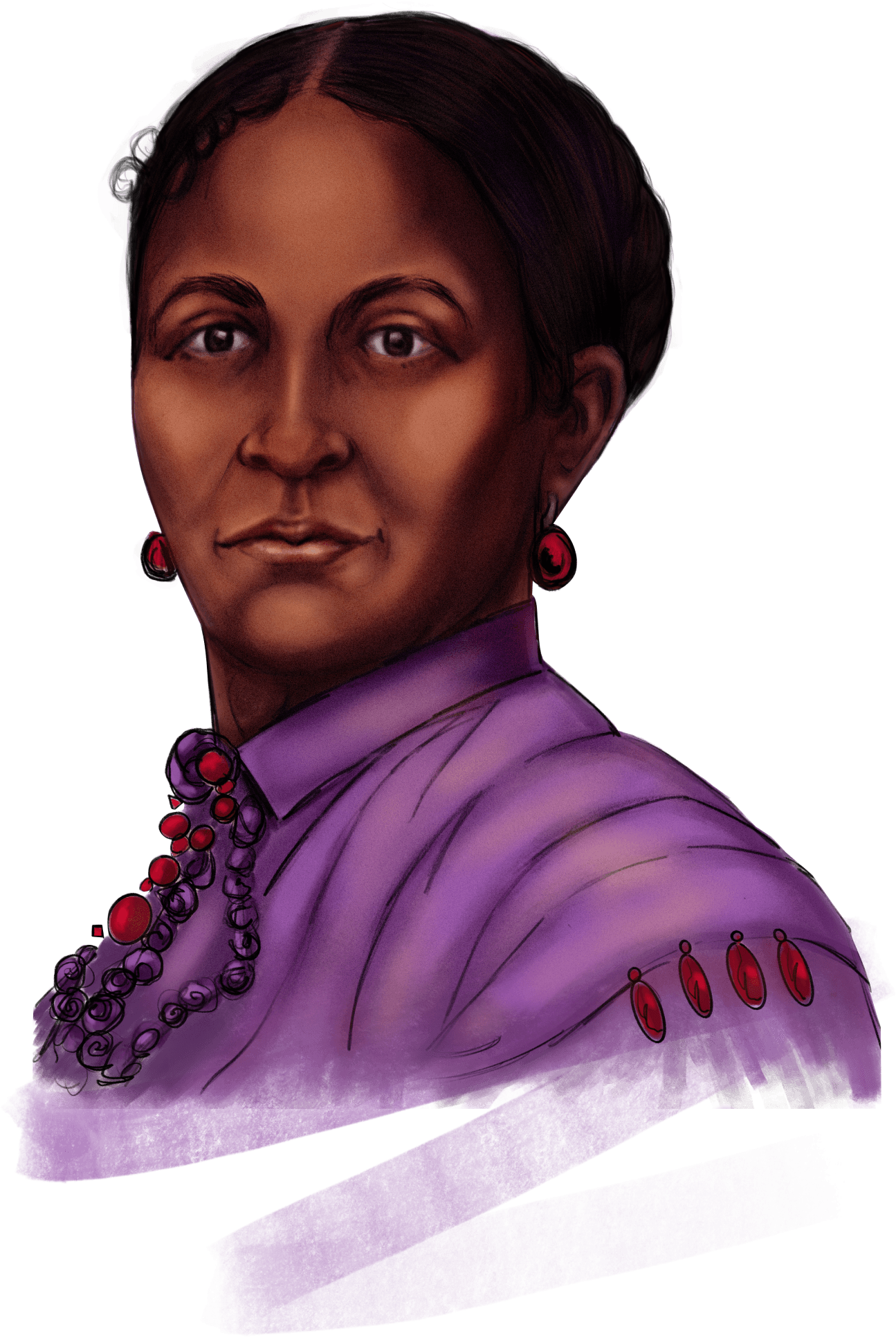 Color illustration of Elizabeth Keckley, a Black woman wearing a purple 1860's style dress.