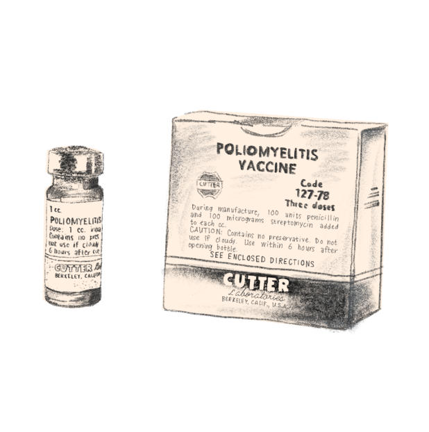 Line drawing of a polio vaccine box and vial.
