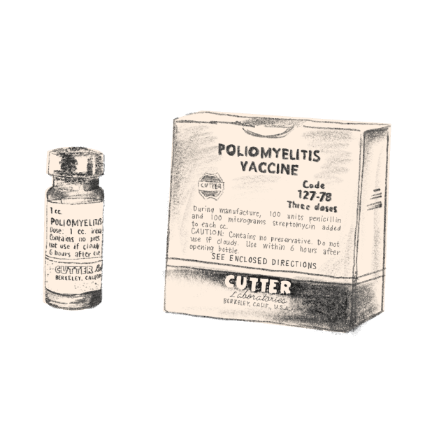 Line drawing of a polio vaccine box and vial.