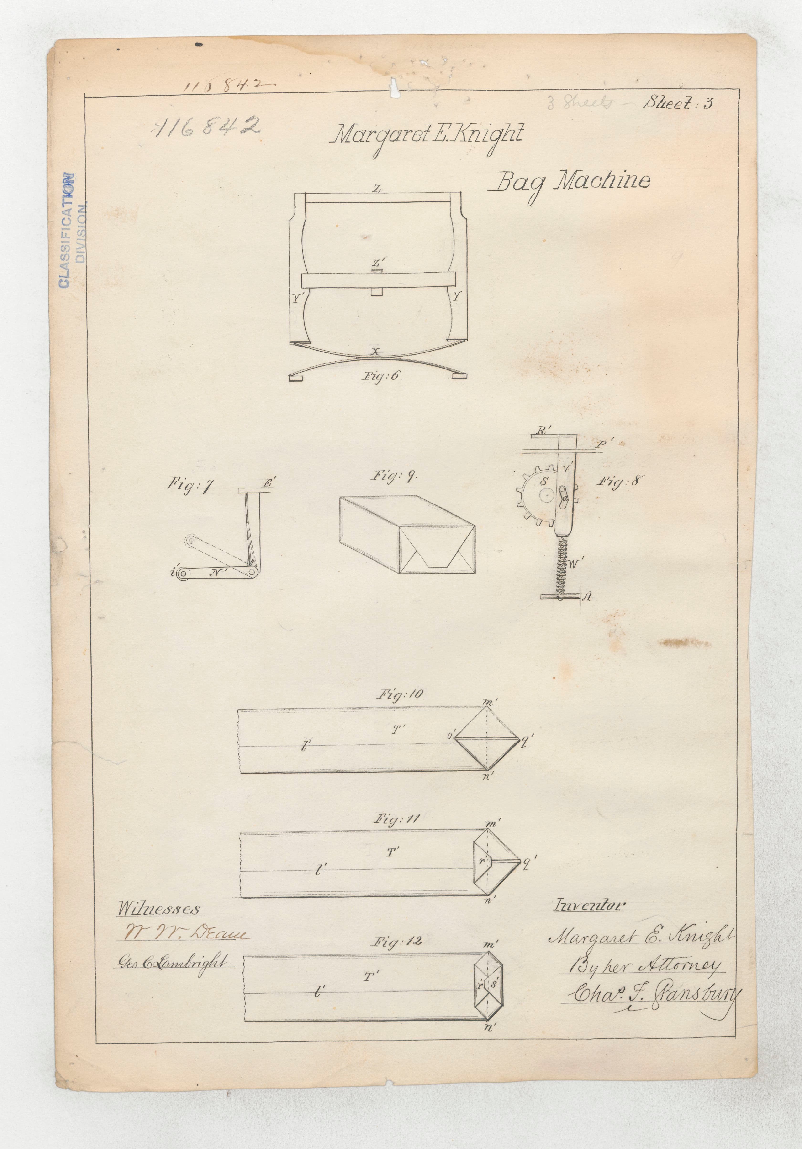 Page three of the patent document for the paper bag machine. It shows details and measurements for components of the machine, includes Margaret Knight's name as the inventor, and is signed by witnesses.