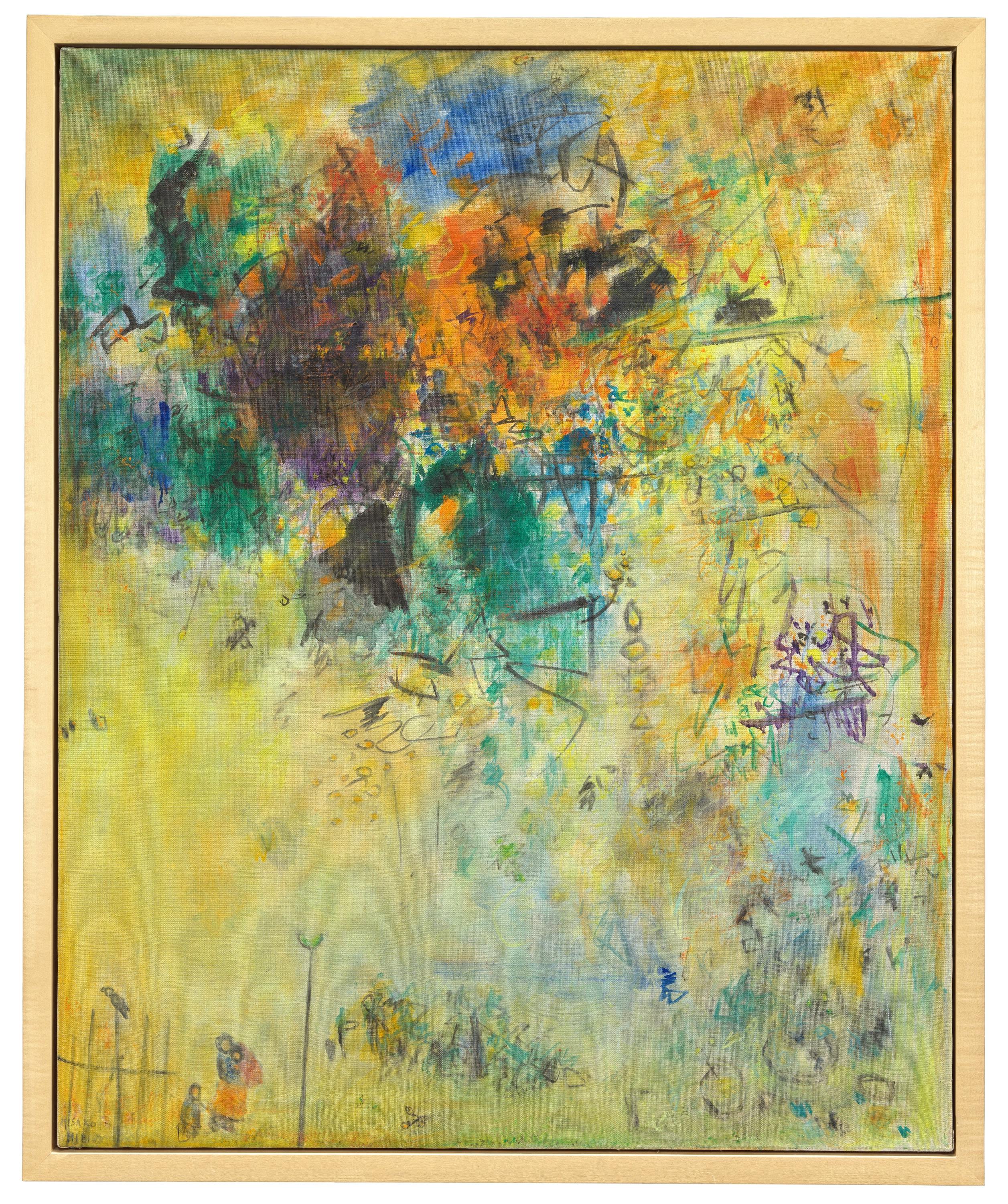 An abstract painting featuring vibrant yellow, green, and blue colors