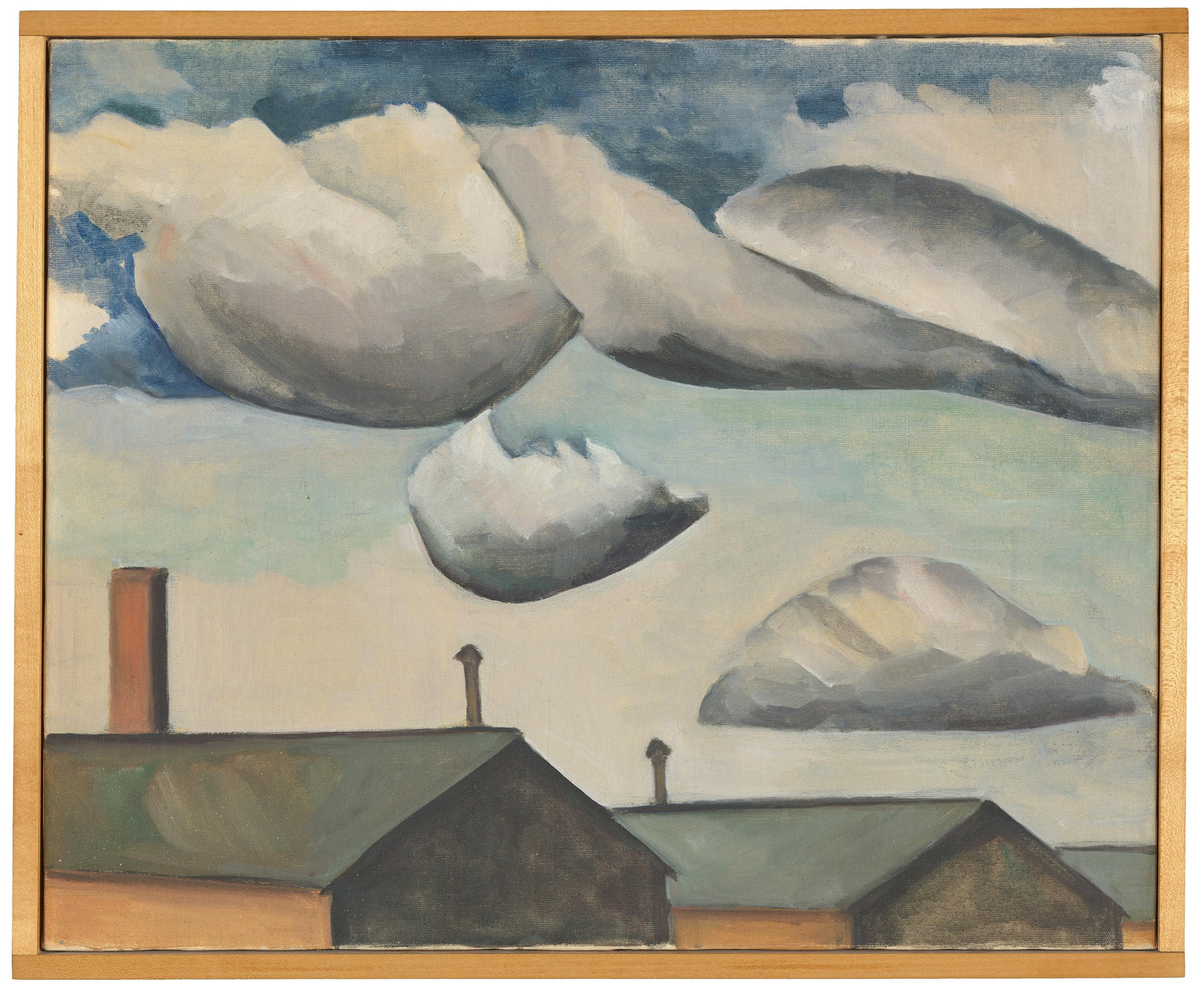 A painting of clouds on a blue-gray sky over two roofs with chimneys