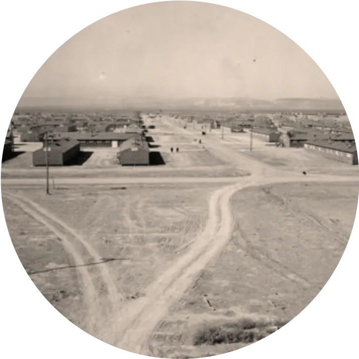 Black and white aerial image of low structures in the Topaz, Utah relocation camp.