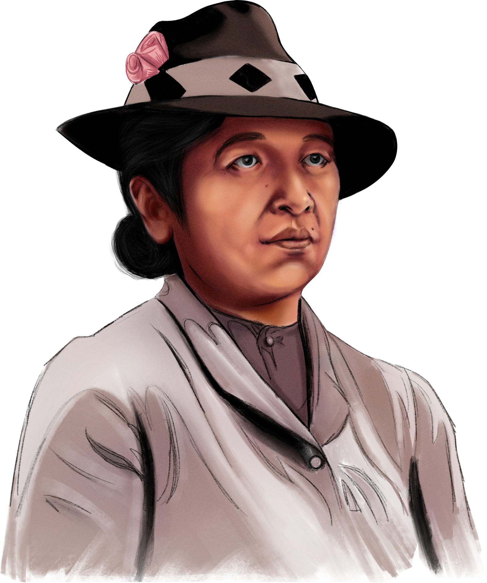 Half-profile color drawing of Hisako Hibi, a Japanese woman wearing a black fedora and a 1940's style gray coat.