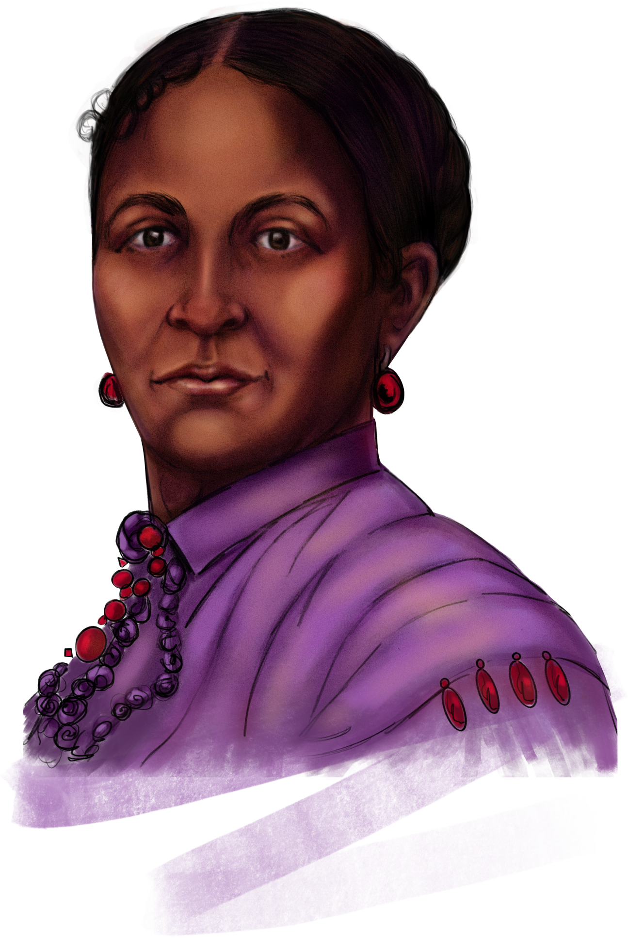 Color illustration of Elizabeth Keckley, a Black woman wearing a purple 1860's style dress.