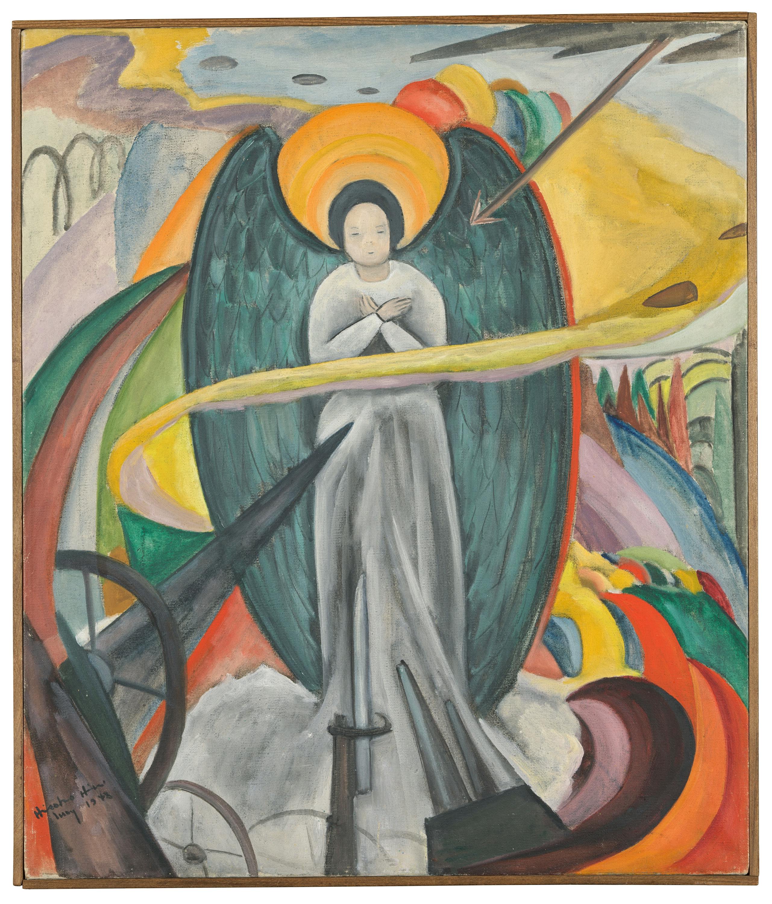 Colorful painting of an angel standing with its arms crossed facing weapons.